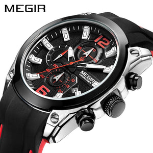 MEGIR Military Watches Men Silicone Band Waterproof Black Quartz Wristwatch Luminous Chronograph Clock Male Fashion Sports Watch