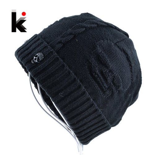Men's Winter Skullies/ Beanies - Knitted Wool with layered Skull design and emblem