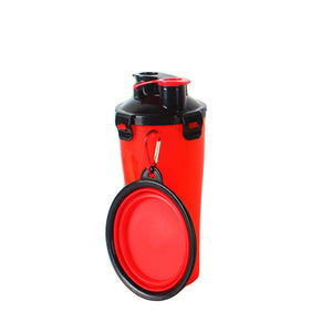 Portable 700 ml Pet water and feed storage bottle with collapsible feeder bowl