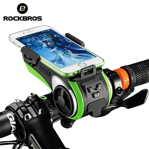 ROCKBROS Waterproof 5 in 1 Bicycle Smart Phone Holder with Power Bank, Bluetooth MP3 speaker, Bike front road lights and bell